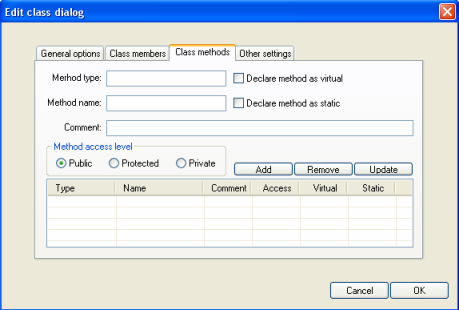 ClassOptionsDialog - Class Methods Page