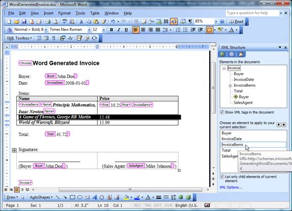 Figure 8 – Binding data from Word document to fields of XML schema